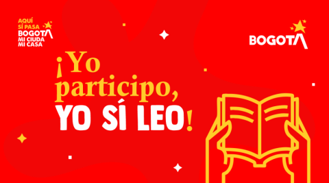 Banner del podcast “Yo participo, Yo sí LEO” del IDPAC, con fondo rojo, el logo de Bogotá y una ilustración de manos sosteniendo un libro abierto.